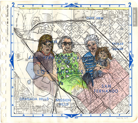 Four Generations, painting, Acrylic, watercolor and ink on Thomas Bros. map - Ayin Es