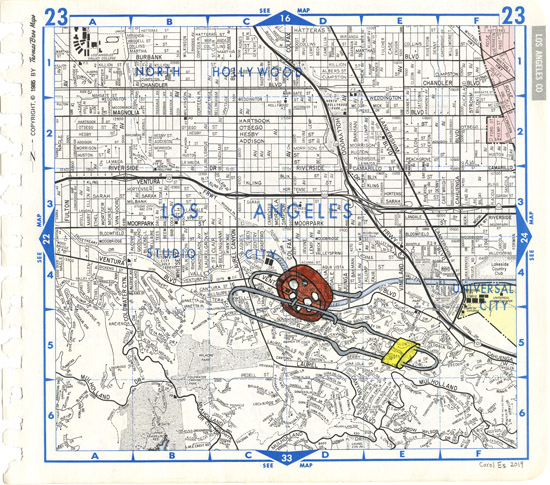 North Hollywood Wheel-o, painting, Watercolor and ink on Thomas Bros. map page - Ayin Es