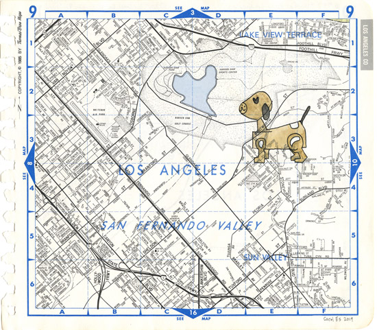 Woofer Runs Los Angeles, painting, Watercolor and ink on Thomas Bros. map page - Ayin Es