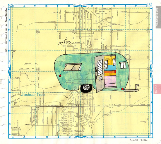 Aqua-colored Trailer, painting, Gouache and ink on Thomas Bros. map - Ayin Es