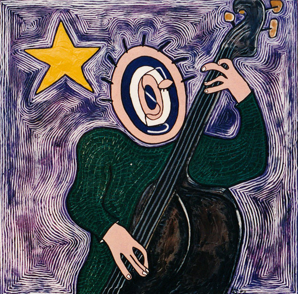 Target Headed Bass Player, painting, Oil on canvas - Ayin Es