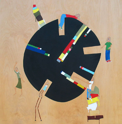 In and Out of the Black Hole, painting, Oil, pencil, and painted pattern paper on panel - Ayin Es