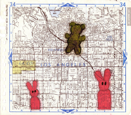 2 Bunnies with a Grassy Bear Balloon, painting, Acrylic, ink, and pencil on Thomas Bros. map - Carol Es