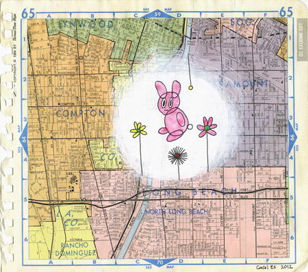 Bunny Guy, painting, Acrylic, watercolor, and ink on Thomas Bros. map - Ayin Es