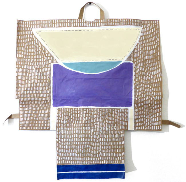 Catechism, painting, Mixed media paint with paper, fabric, and stitching on paper bag - Ayin Es