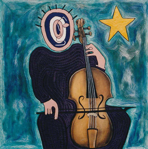Target Headed Cello Player, painting, Oil on canvas - Carol Es