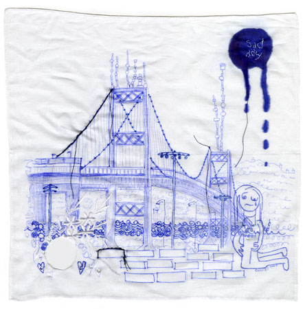 Cry me a Harbor, drawing, Ballpoint pen and thread on cotton hankie - Ayin Es
