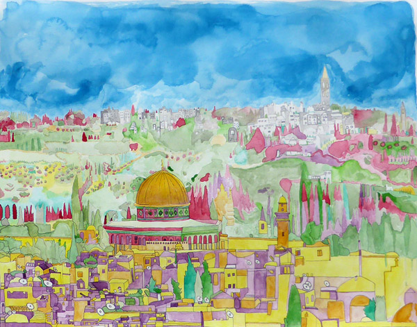 David's Little City, painting, Watercolor and ink on Fabriano Artistico paper - Ayin Es
