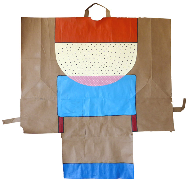 Dots, painting, Mixed media paint with paper, fabric, and stitching on paper bag - Ayin Es