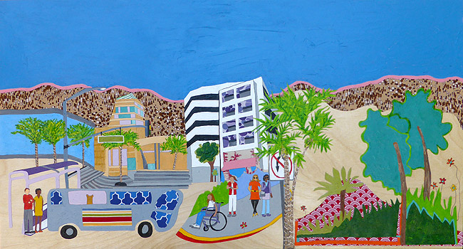 Downtown Burbank, painting, Oil, acrylic, paper and fabric on birch panel - Carol Es