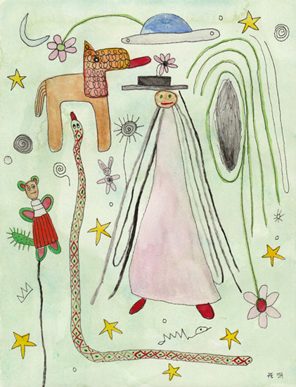 Dragonfly Lady and the Pinata, , Watercolor and ink on Arches - Ayin Es