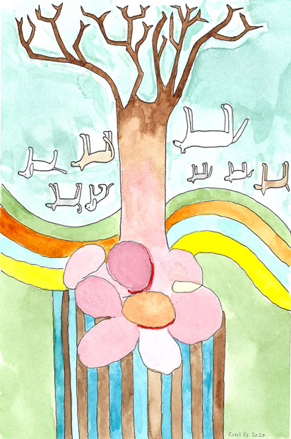 Flower Tree with Upside Down Dogs, painting, Watercolor on Fabriano paper - Ayin Es