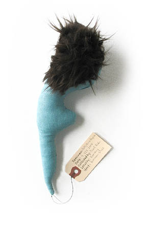 Fluffy Bluis Poopus, sculpture, Fabric, thread, fur, and stuffing with specimen tag - Carol Es