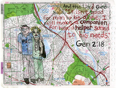 Genisis 2:18, drawing, Watercolor on Thomas Bros. map page - Carol Es