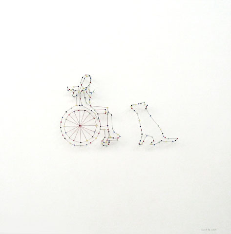 Girl in a Wheelchair with a Dog, sculpture, Mixed media pencil, sewing pins, and thread on wood - Ayin Es