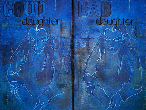 Good Daughter Bad Daughter, painting, Oil and collage on canvas - Ayin Es