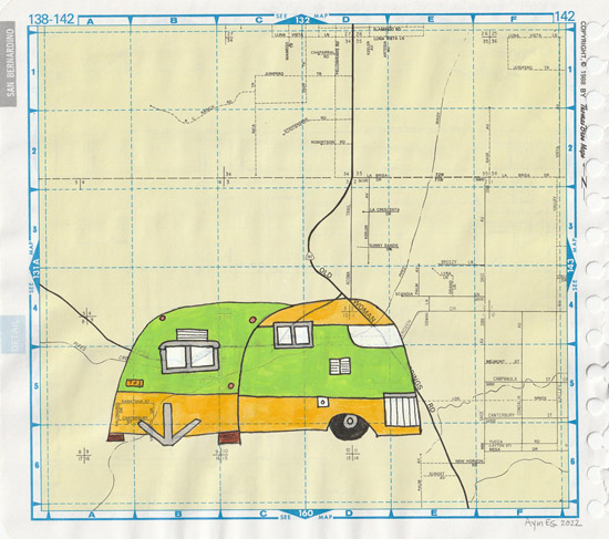 Green Trailer, painting, Gouache and ink on Thomas Bros. map - Ayin Es