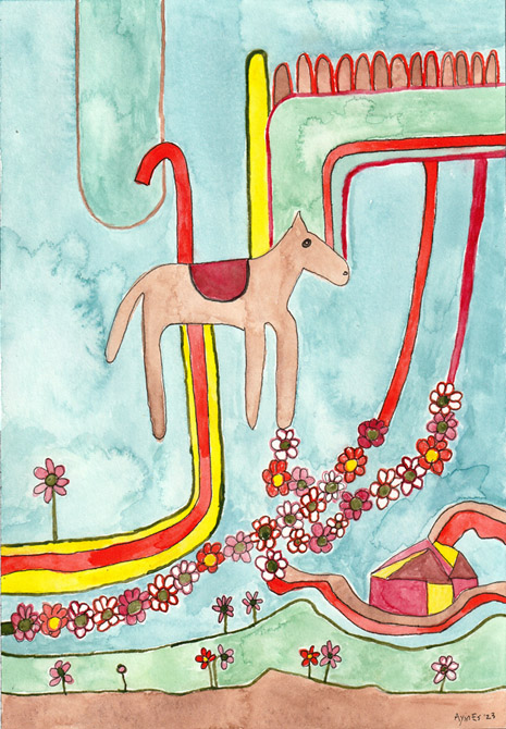 Horse on the Outs, painting, Watercolor and ink on Arches - Ayin Es