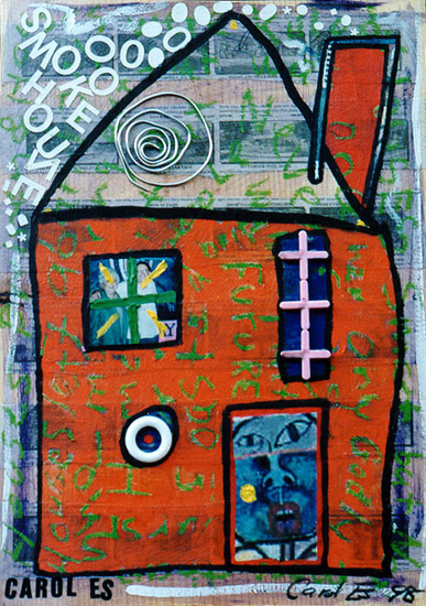 House 2, painting, Mixed media oil and collage on wood - Ayin Es