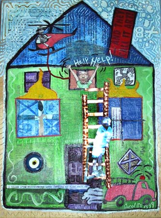 House 4, painting, Mixed Media oil and collage on wood - Carol Es