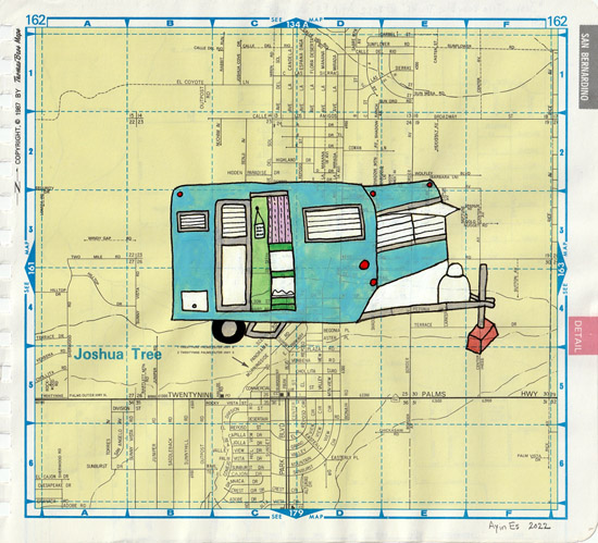 Joshua Tree Baby Blue Trailer, painting, Gouache and ink on Thomas Bros. map - Ayin Es