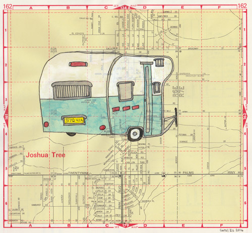 Joshua Tree Trailer 2, painting, Watercolor and ink on Thomas Bros. map page - Ayin Es