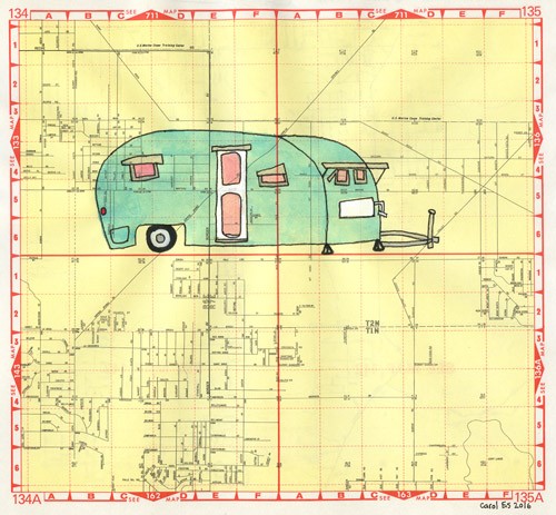 Landers Trailer, painting, Watercolor and ink on Thomas Bros. map page - Ayin Es
