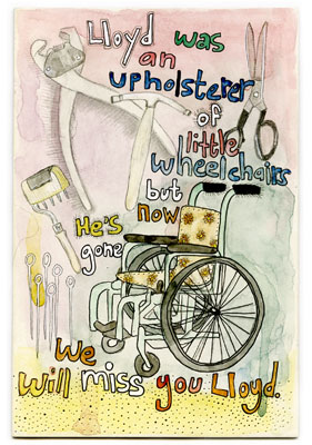 Lloyd was an Upholsterer, painting, Mixed media watercolor, pencil, ink, and pinholes on illustration board - Carol Es