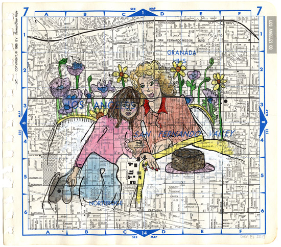 Me and Mom on Goethe, painting, Acrylic, watercolor and ink on Thomas Bros. map - Carol Es