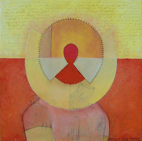 Mother, painting, Oil, paper patterns, graphite, and thread on canvas - Carol Es