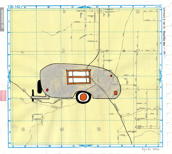 Pipes Canyon Trailer, painting, Gouache and ink on Thomas Bros. map - Ayin Es