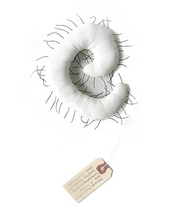 Polycirrus Wormus, sculpture, Fabric, thread, and stuffing with specimen tag - Carol Es