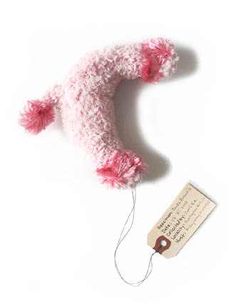 Poodle Borealis, sculpture, Fabric, thread, and poly beads with specimen tag - Carol Es