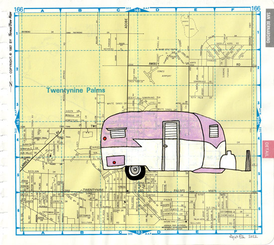 Purple Trailer, painting, Gouache and ink on Thomas Bros. map - Ayin Es