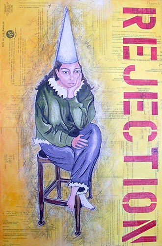 Rejection, painting, oil & gallery rejection letters on canvas - Ayin Es