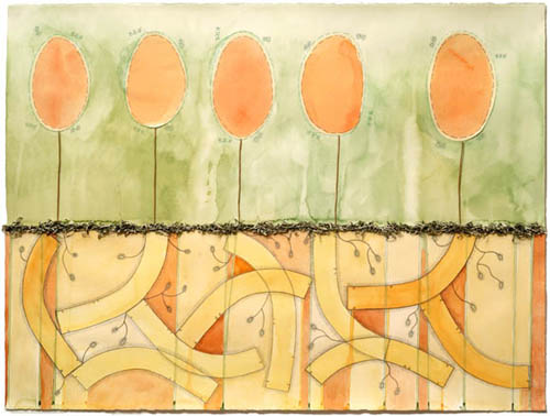 The Roots of Gelt with Pods, painting, Watercolor, pencil, ink, paper, money, and sticks on paper - Ayin Es