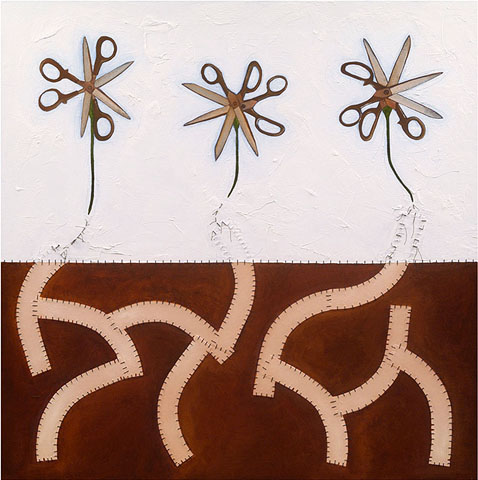 Shear Through the Stock, painting, Oil, paper patterns, pencil, and thread on canvas - Carol Es