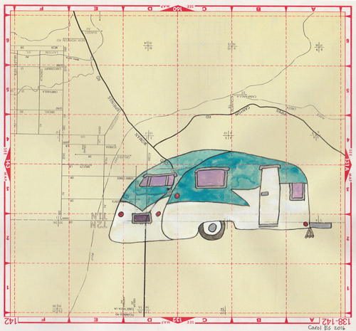 Upside Down Trailer, painting, Watercolor and ink on Thomas Bros. map page - Carol Es
