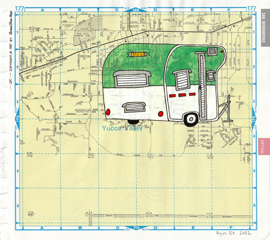 Very Green Trailer, painting, Gouache and ink on Thomas Bros. map - Ayin Es