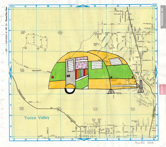 Yucca Valley Lime Trailer, painting, Gouache and ink on Thomas Bros. map - Ayin Es